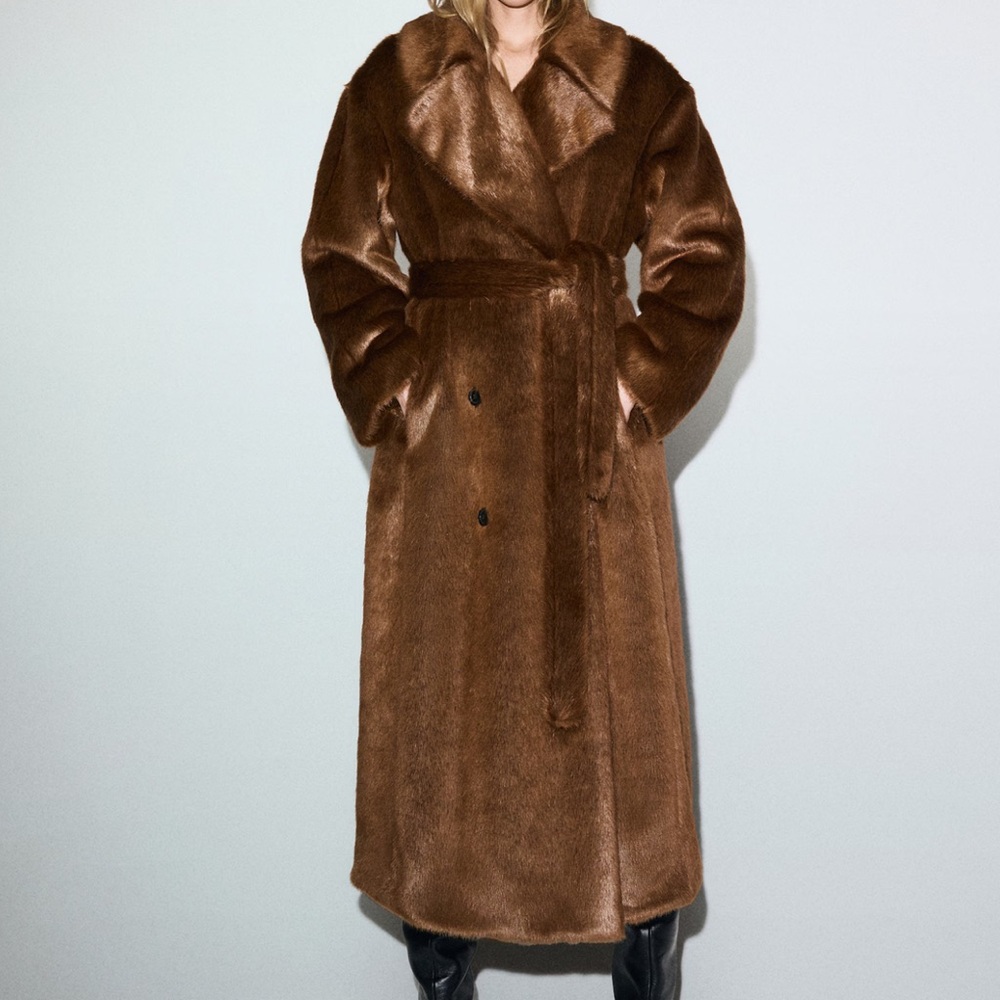 Mango Faux Fur Long Trench Coat - Brown